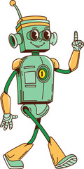 Leinwandbilder - Cartoon retro groovy robot character in cartoon comic, vector robotic cyborg. Groovy funky retro robot with happy smile on face, freaky alien mechanic humanoid with antenna for cartoon emoji character