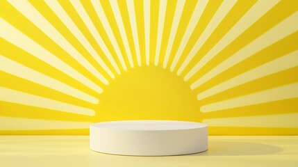 Poster - A modern 3D podium with empty space on top, set against a bright yellow background, framed by subtle sunburst effects, perfect for summer and outdoor product advertising