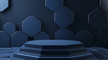 Poster - A modern 3D podium with ample empty space, surrounded by digital hexagonal patterns, set against a dark blue background, ideal for tech and data security advertising