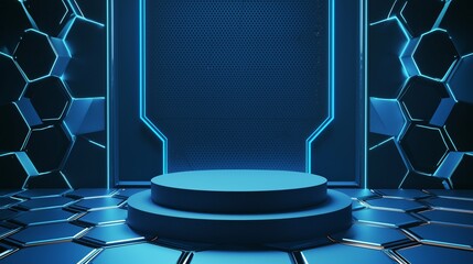 Poster - A modern 3D podium with ample empty space, surrounded by digital hexagonal patterns, set against a dark blue background, ideal for tech and data security advertising