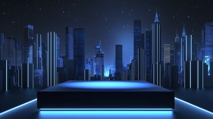 Poster - A sleek 3D podium with a spacious top, framed by glowing cityscape silhouettes, set against a night sky background, perfect for urban and real estate advertising