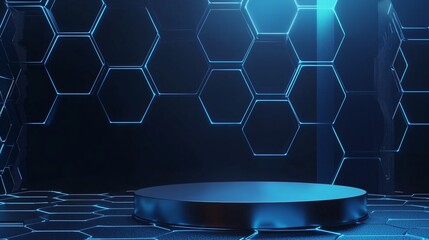 Poster - A modern 3D podium with ample empty space, surrounded by digital hexagonal patterns, set against a dark blue background, ideal for tech and data security advertising