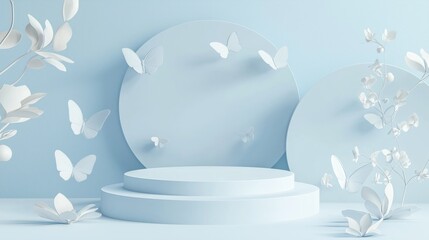 Poster - An elegant 3D podium with a spacious top, surrounded by abstract butterfly patterns, set against a light blue background, perfect for fashion and fragrance advertising