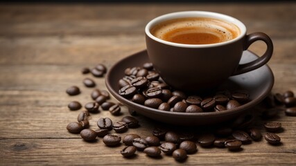 Cup of freshly brewed coffee with coffee beans on a rustic table.