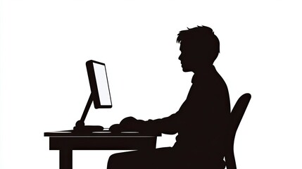 Poster - Silhouette of a person working at a desk with a computer