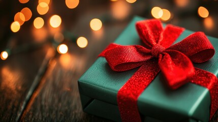 Wall Mural - A beautifully wrapped green gift box with a red ribbon, surrounded by glowing bokeh lights for a festive mood.