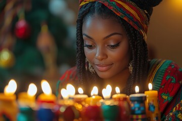 Portrait of an Afro woman looking at the candles celebrating Kwanzaa