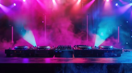 Wall Mural - DJ Mixer with Purple and Blue Lighting on Stage.