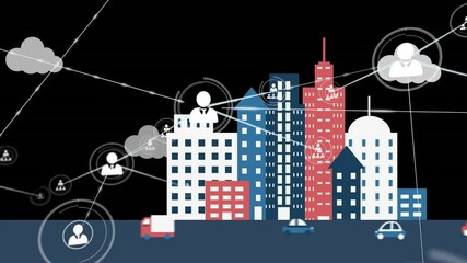 Poster - Network of connections and data processing animation over cityscape with vehicles