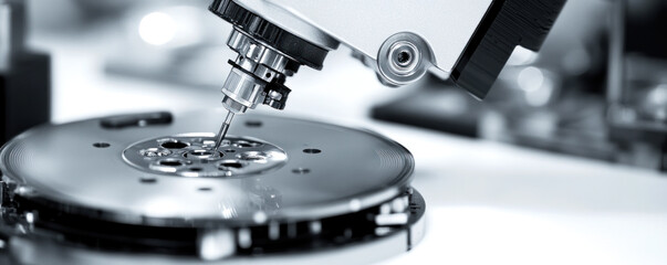 Poster - A close up of a small disk with a hole in the center. The disk is being examined by a microscope