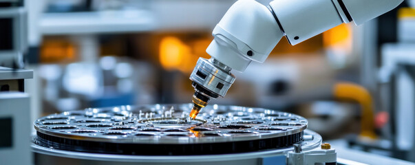 Poster - A robot is working on a piece of machinery. The robot is white and has a metallic appearance. The machinery is a large, circular object with many small parts. The robot is focused on its task
