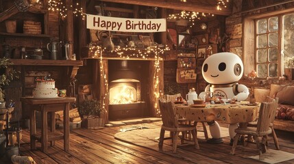 A robot sits at a table in a room with a happy birthday sign