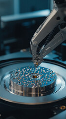 Poster - A robot is working on a small object with a lot of small parts. The robot is very precise and focused on its task