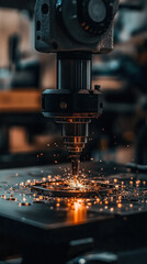 Poster - A machine is cutting through a piece of metal. The sparks from the cutting process are visible, creating a sense of action and energy. Concept of industrial work and the power of machinery