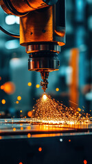 Poster - A machine is spraying sparks into the air. The sparks are bright and colorful, creating a sense of energy and excitement. The machine is likely used in a workshop or factory setting