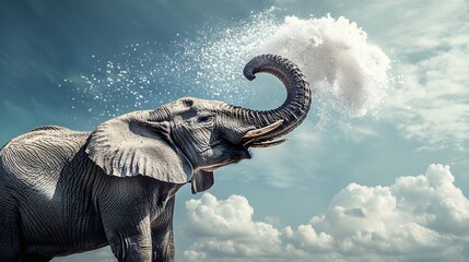 Wall Mural - Powerful Elephant Spraying Water Against Dramatic Cloudy Sky