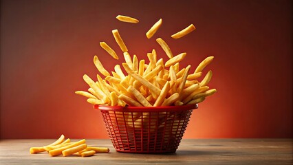 Wall Mural - French fries flying out of a red basket, concept of fast food and creativity