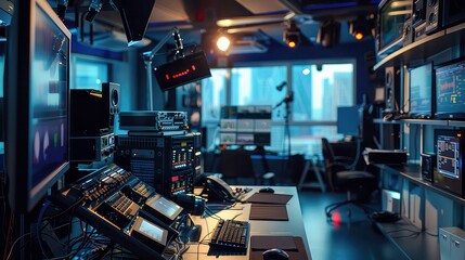 A modern media editing station with a large monitor, control panels and a keyboard with mouse on a desk.