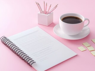 Sticker - Coffee Break With Notebook, Pencils, and Sugar Cubes on Pink Background.