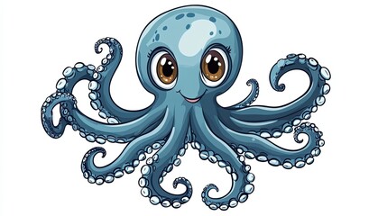 Canvas Print - Cartoon Blue Octopus with Large Eyes and a Smile