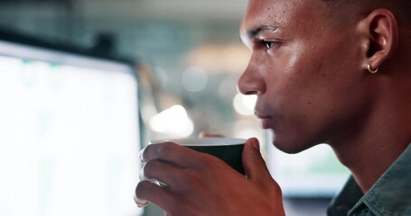 Aufkleber - Thinking, business and coffee with person in office for planning, idea and research broker. Risk management, report and online with employee in digital agency at night for web, list and solution