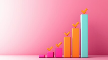 Poster - Colorful 3D Bar Chart with Checkmarks on Pink Background.