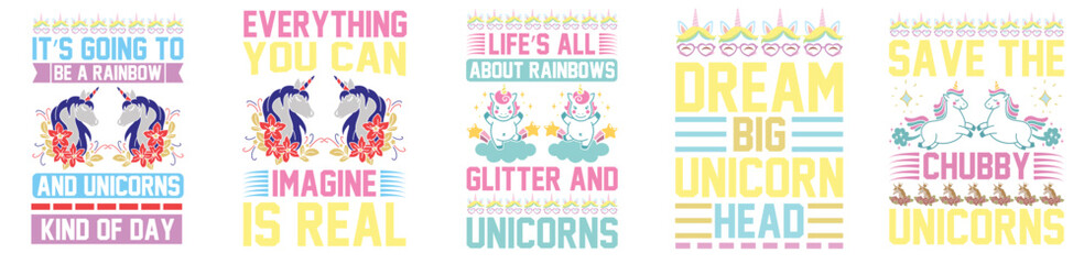 Naklejka na meble Cute Unicorn Tshirt Design Bundle Calligraphy, Calligraphic Lettering Set Vector Illustration for Printable, Wrapping Paper, Mug Design