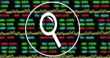 Poster - Magnifying glass animation over fluctuating stock market data with various ticker symbols