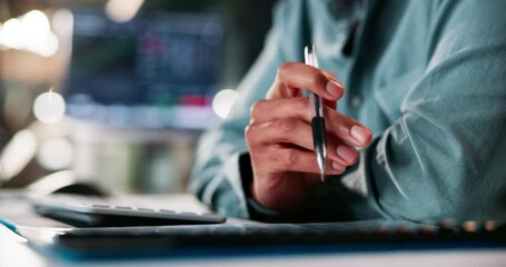 Aufkleber - Thinking, computer and pen with hand of person in office for planning, idea and research broker. Risk management, report and online with employee in digital agency at night for web, list and solution