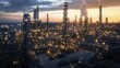 © Theeranan - A vast natural gas processing plant at dusk, with lights illuminating towering structures and pipelines