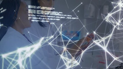 Poster - Reading document, healthcare professional with coding and network connections animation