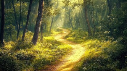 A winding dirt path leading through a dense forest, with sunlight filtering through the trees