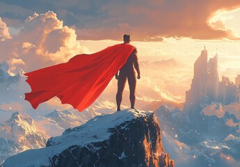 Wall Mural - A businessman superhero with a red cape stands atop a mountain, symbolizing ambition and success in business. Ideal for motivational themes and corporate events.