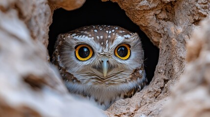 little owl hiding in the hole of a tree staring with big eyes