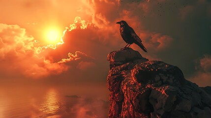 Wall Mural - A rock statue with a crow sitting on top its fiery eyes blazing against the brightly lit sky