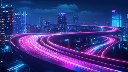 Neon Cityscape with a winding Highway at Night