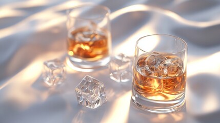 Whisky glasses with ice cubes on a white background,