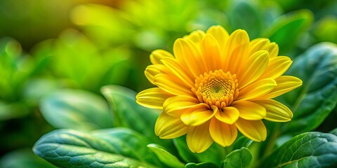 Wall Mural - Close up of a vibrant yellow flower surrounded by lush green leaves