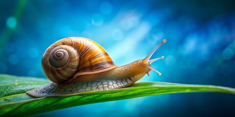 close-up shot of a snail on a leaf with a vibrant blue-green background