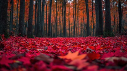 Wall Mural - Red Autumn Leaves Covering the Forest Floor