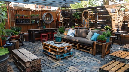 Wall Mural - A rustic backyard terrace with steampunk design and items made from reused pallets