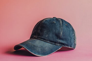 A baseball cap made of blue denim material isolated on a pink background