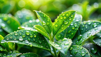 Wall Mural - Close-up image of a lush green plant with raindrops on its leaves against a blurred background