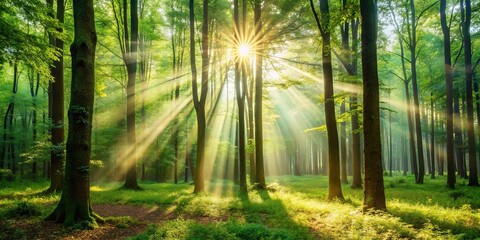 Wall Mural - Sunlight shining through trees in a lush woodland forest