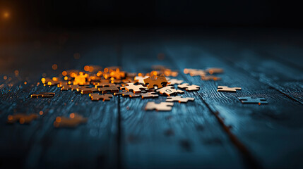 Scattered puzzle pieces on a wooden surface, creating a captivating scene filled with mystery and intrigue.