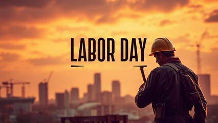 Wall Mural - Construction worker silhouetted against a sunset, celebrating Labor Day.