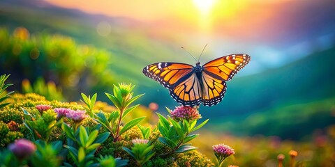 Wall Mural - A beautiful butterfly resting on a vibrant plant on a lush hill