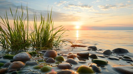 Grassy pebbles in the water at sunrise on the beach