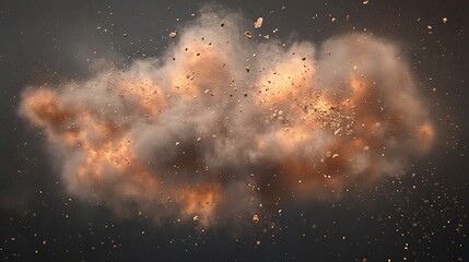 Isolated explosion of dust and debris particles, floating freely on a transparent backdrop