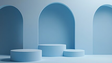 Fototapete - Light blue backdrop with podiums at different heights, perfect for displaying products in a clean and elegant setting